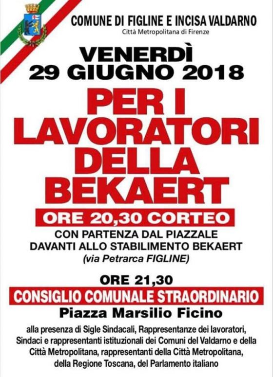 Bekaert: domani corteo e Consiglio Comunale straordinario