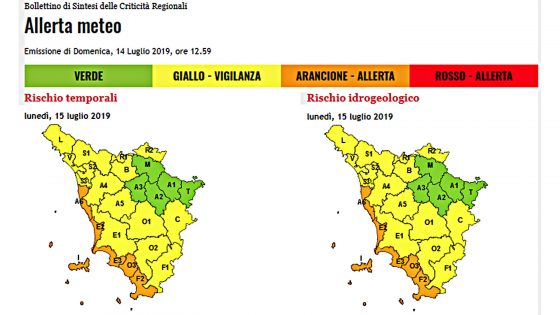 Allerta arancione meteo, lunedì in Toscana
