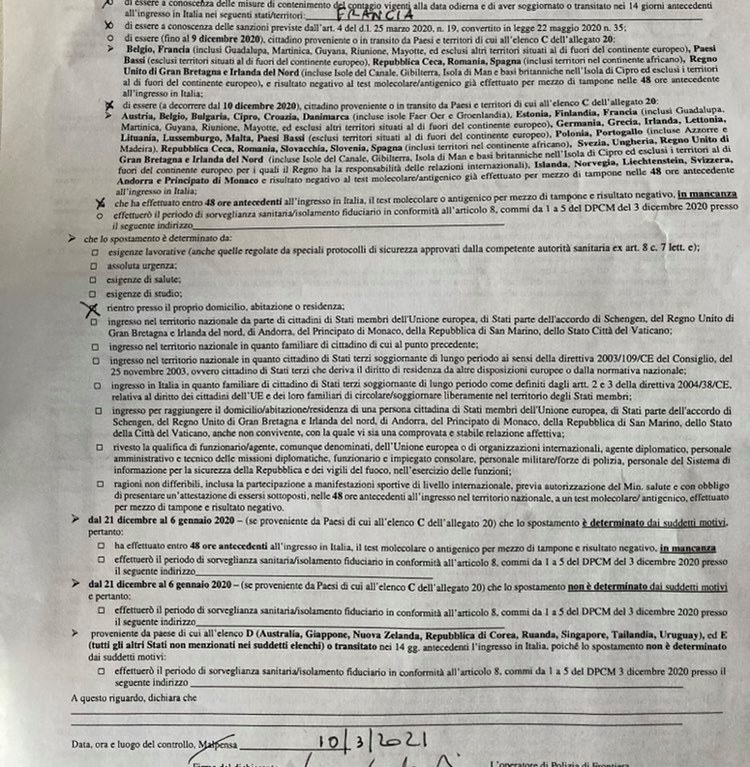 autocertificazione per controlli (che non ci sono)