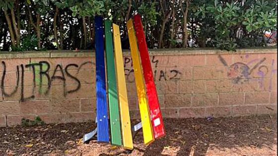 Divelta panchina “arcobaleno” appena inaugurata