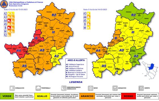 Codice rosso nell’Empolese e area Bisenzio, giallo in Valdarno e arancio nel resto della Metrocittà