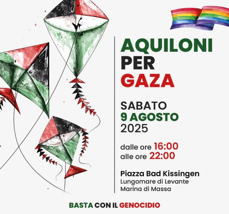 🎧 “Aquiloni per Gaza”, sabato 9 agosto iniziativa a Marina di Massa