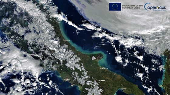 Neve sugli Appennini, le cime imbiancate viste dal satellite europeo Sentinel-3 di Copernicus
