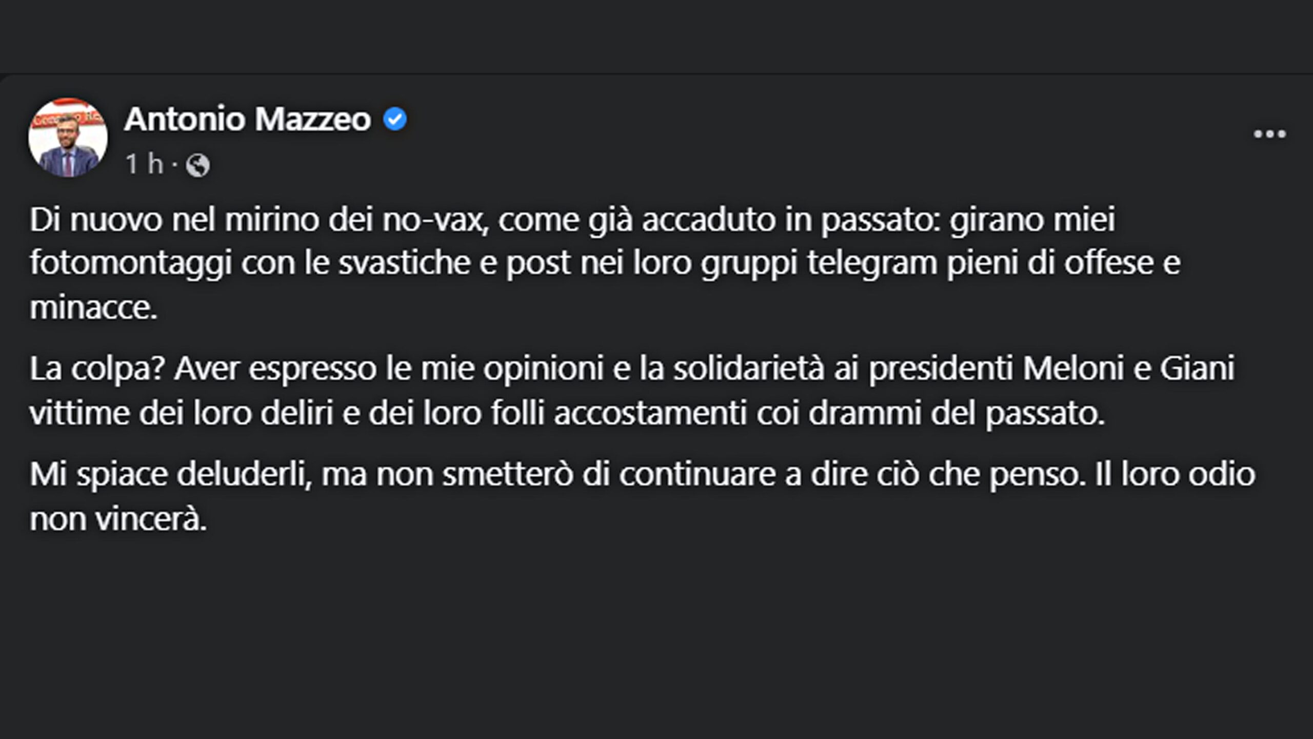 NoVax-NoGas attaccano Mazzeo e Meloni su Facebook